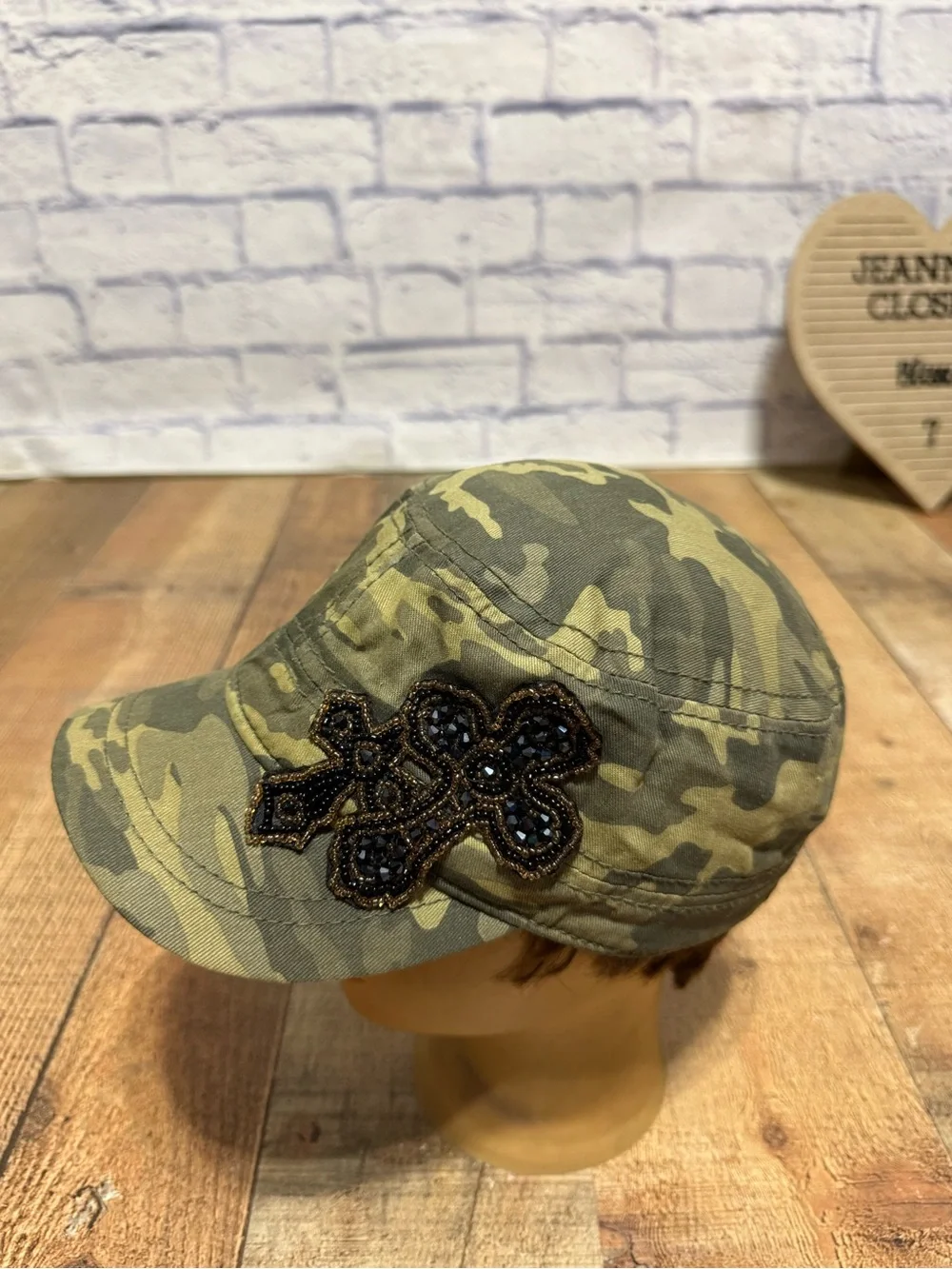Camo Cadet Hat Cap Beaded Cross Patch Military Style Women's One Size Women's ca